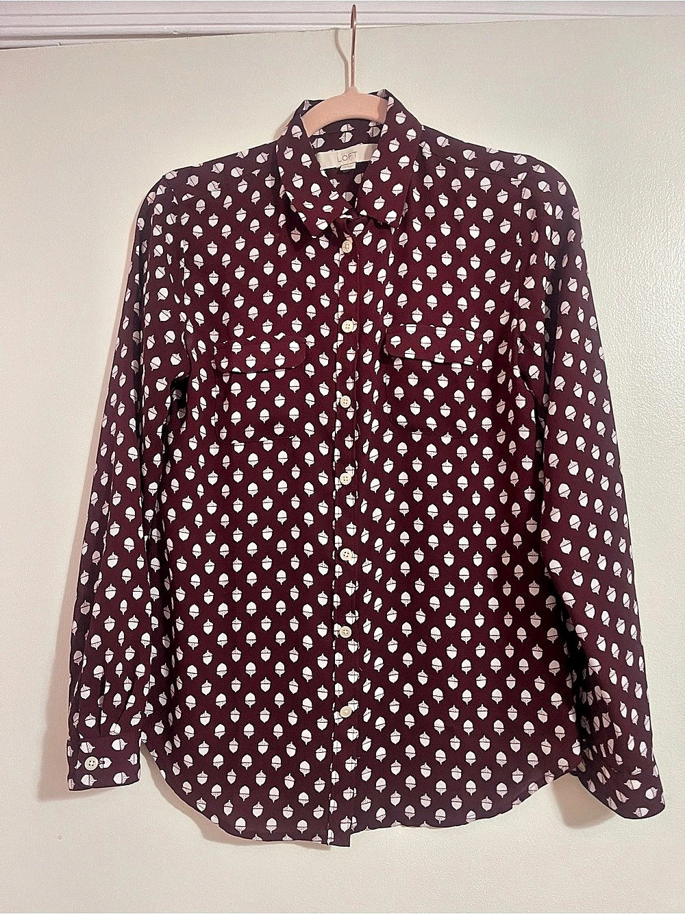 LOFT Acorn Print Button Down Shirt in Brown & White Size XS Like